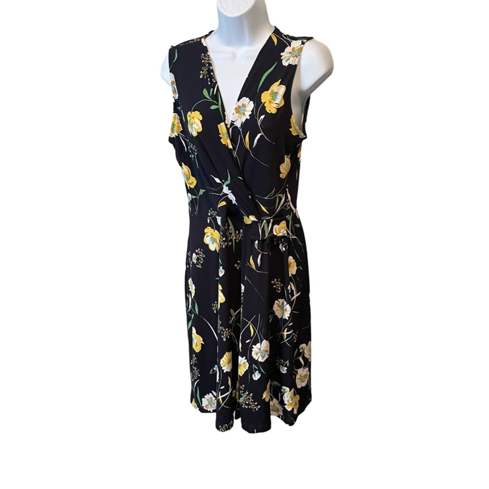 Kaileigh Wrap Dress - wrap dress, size Large, Navy with yellow, white flowers.